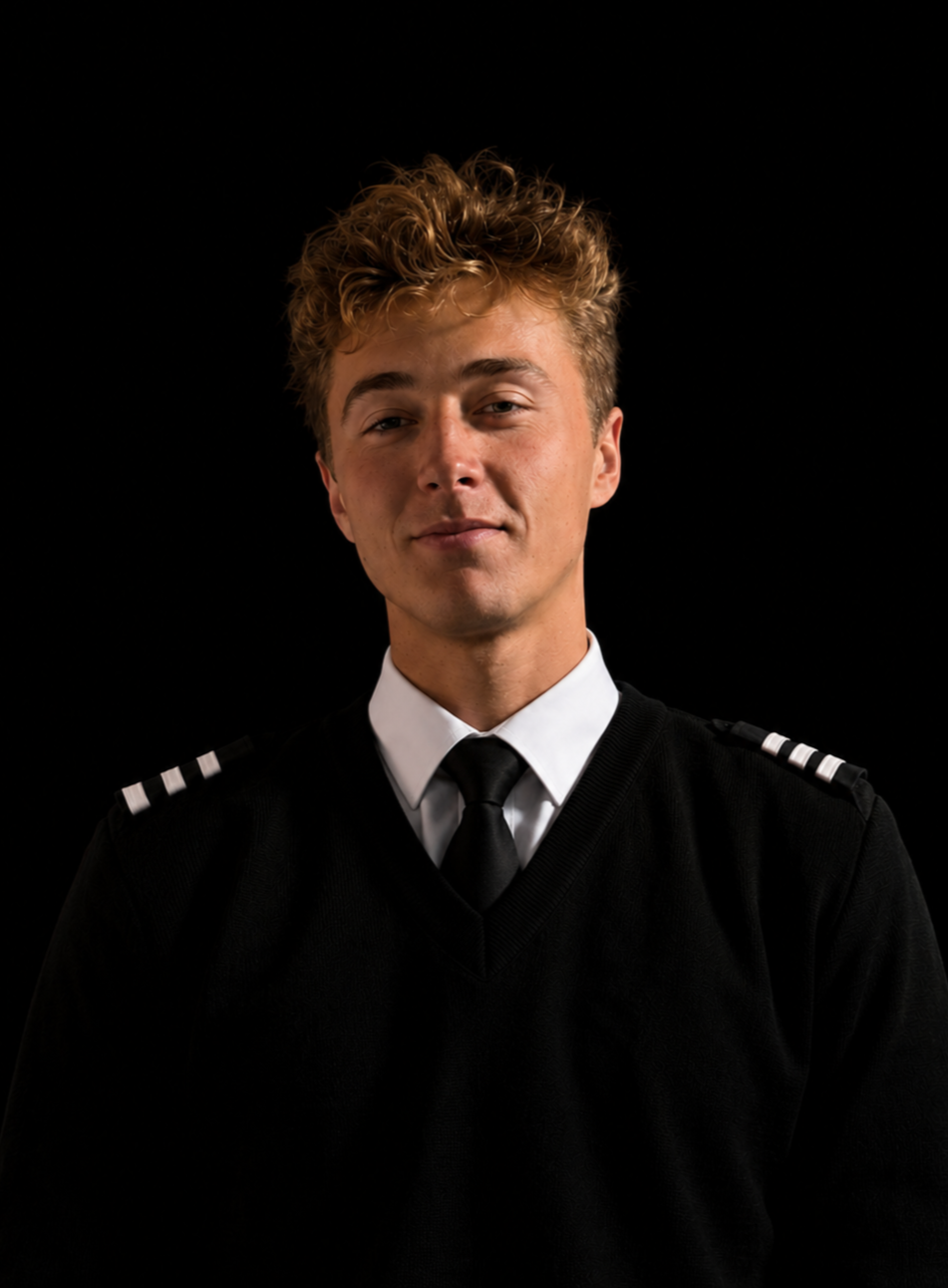 Person standing on steps of private jet at night, wearing a dark uniform and lanyard.