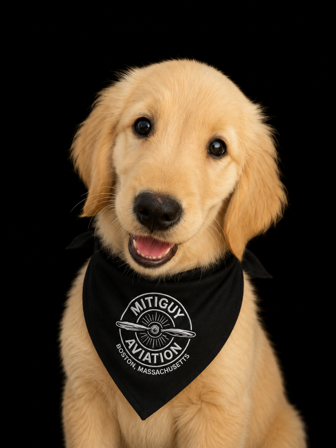 Close-up of a happy golden retriever puppy with bright eyes and an open mouth, holding onto a person's leg in a black uniform with a Fire Department badge. In the background, a person is visible wearing pink and sandals, standing on a gray pavement.
