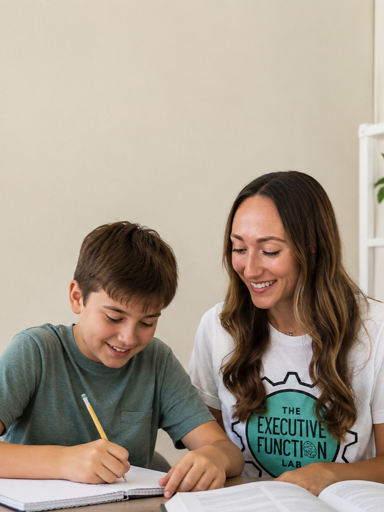 A woman teaching a boy at a table, with books open in front of them, smiling and engaged in a learning activity.