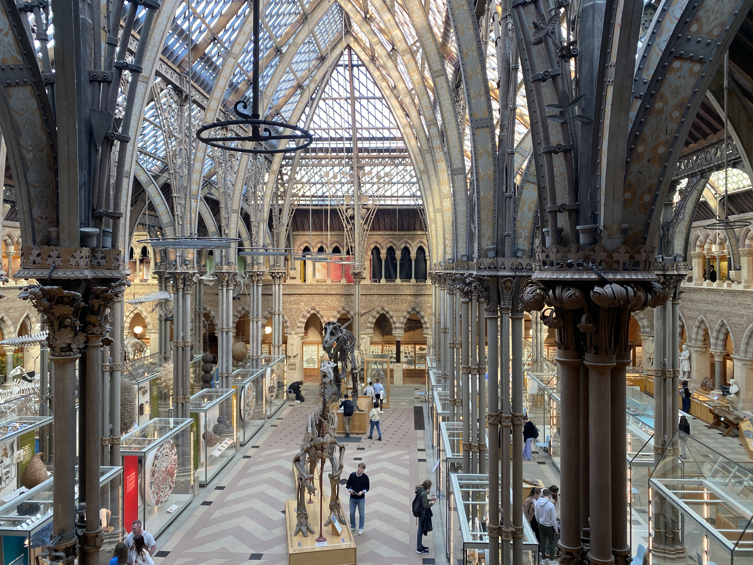 Interior of a museum with Gothic-style architecture, glass ceiling, and dinosaur skeletons on display.