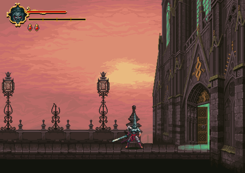 Pixel art exterior scene from Blasphemous showing a cathedral entrance with gothic stonework, iron lampposts, and vertical architectural detailing