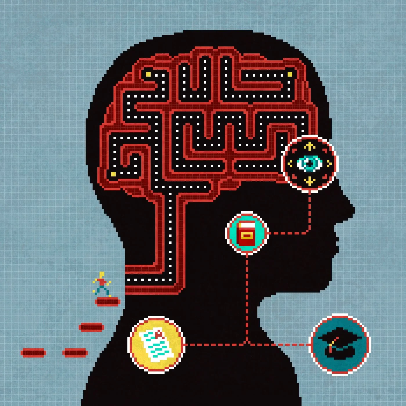 Pixel art 8-bit illustration of a silhouetted figure's brain, which looks like a Pacman maze, for an article about how gaming makes you smarter, by illustrator Jude Buffum