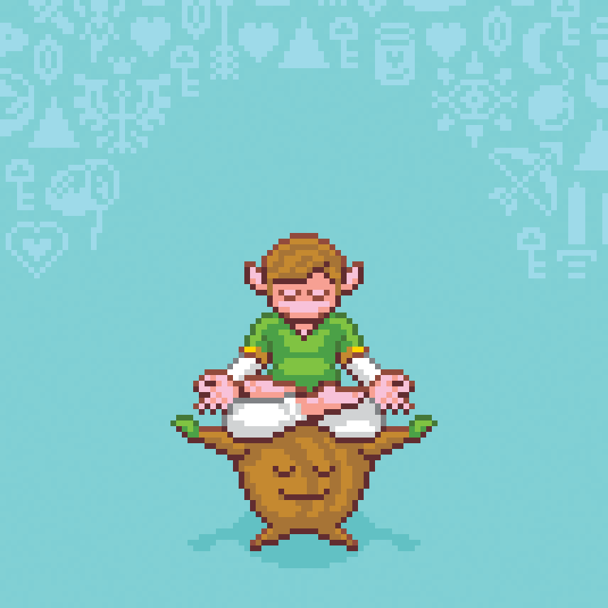 Pixel art 8-bit animation of Link from the Legend of Zelda meditating on a baby Deku tree by illustrator Jude Buffum