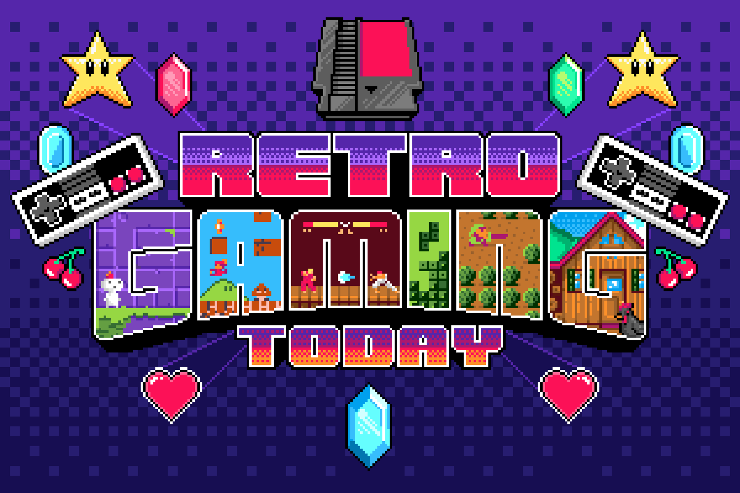 8-bit typography and pixel art by illustrator Jude Buffum that says Retro Gaming Today, for an article about the comeback of classic video games