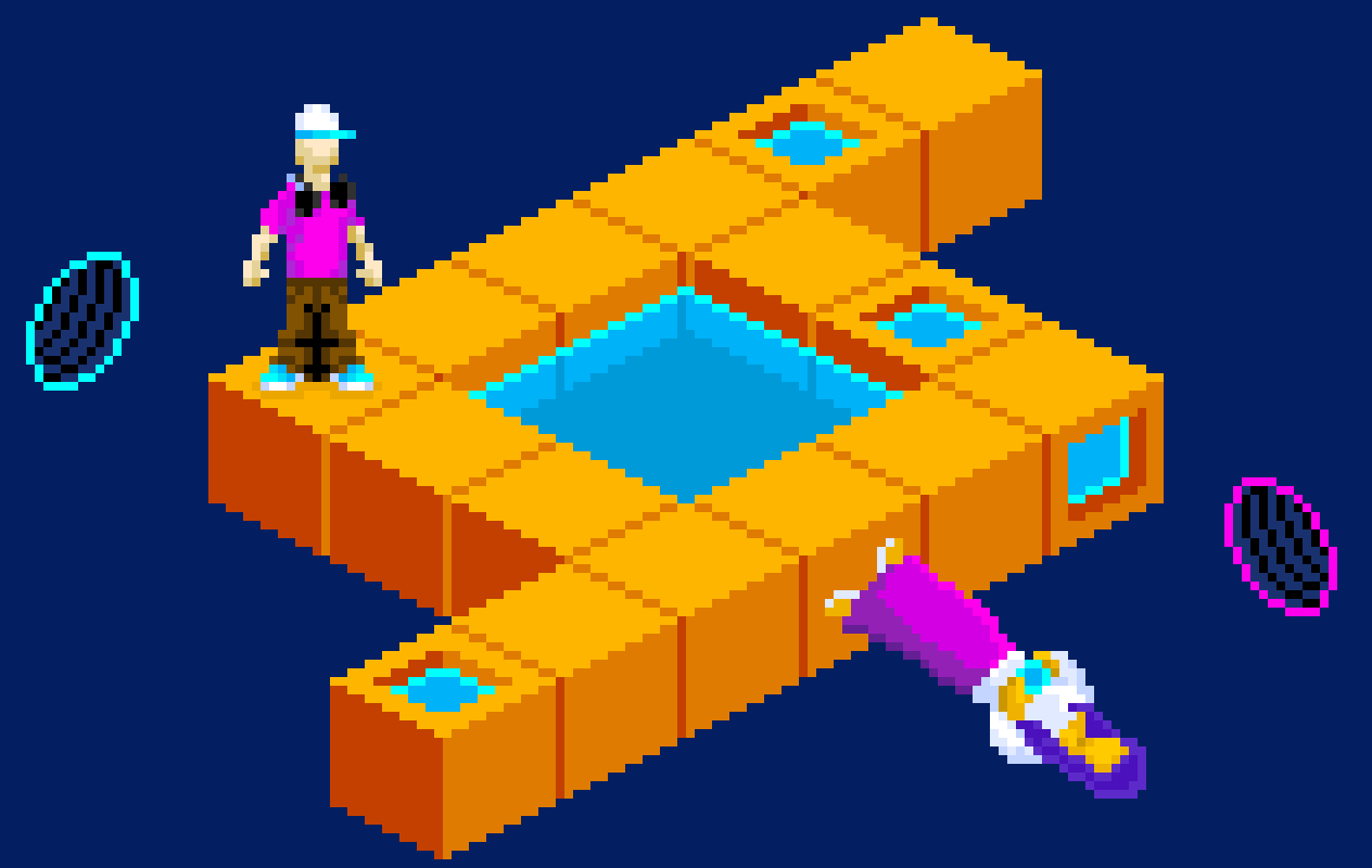 Pixel art 8-bit animation of people in a geometrically impossible space by illustrator Jude Buffum