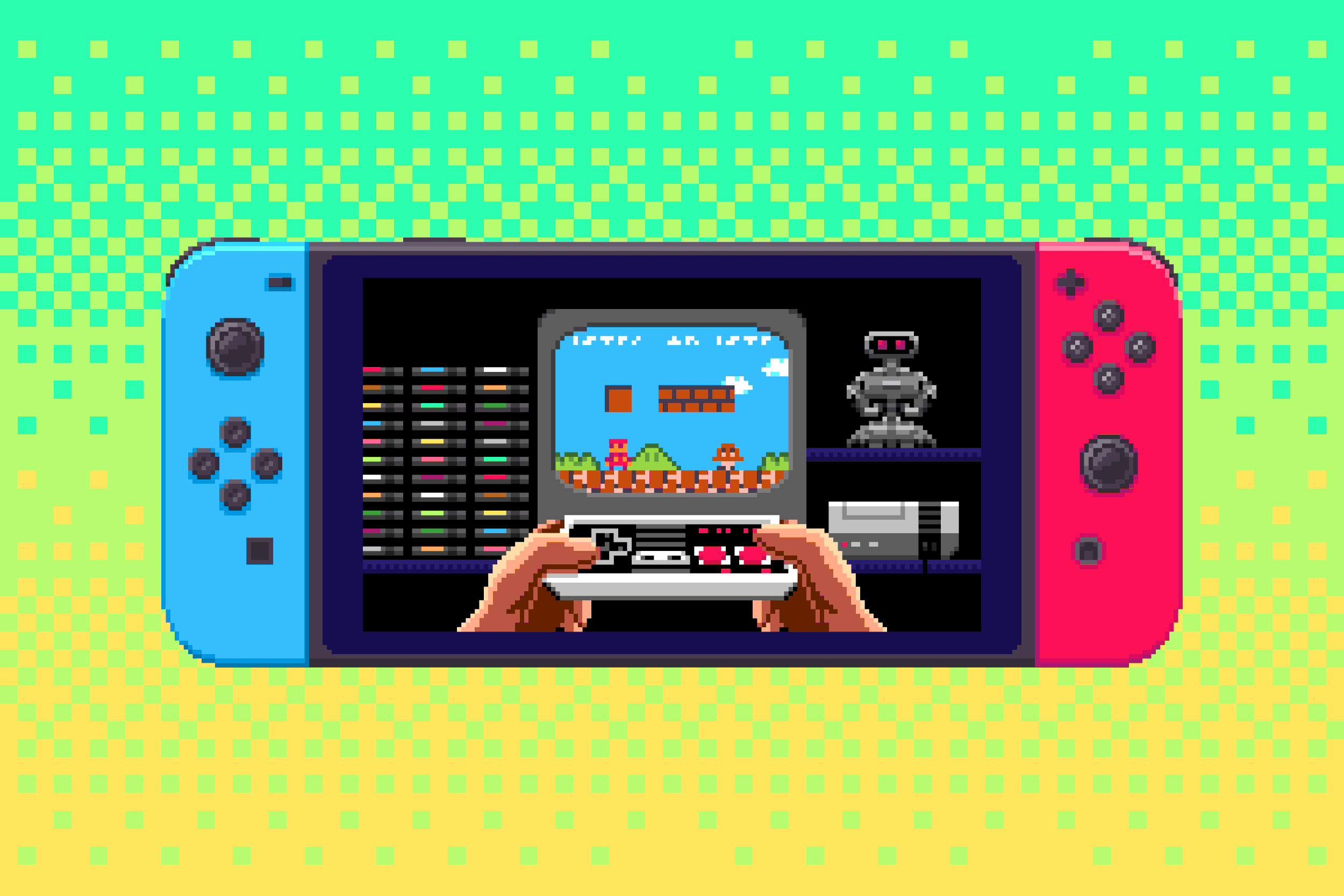 Pixel art 8-bit animation of Super Mario Bros being played on a Nintendo Switch by illustrator Jude Buffum