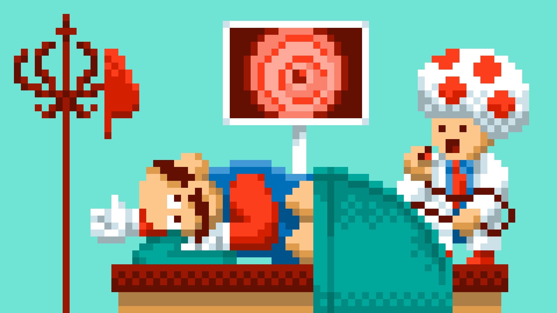 Pixel art illustration of Super Mario getting a colonoscopy by illustrator Jude Buffum