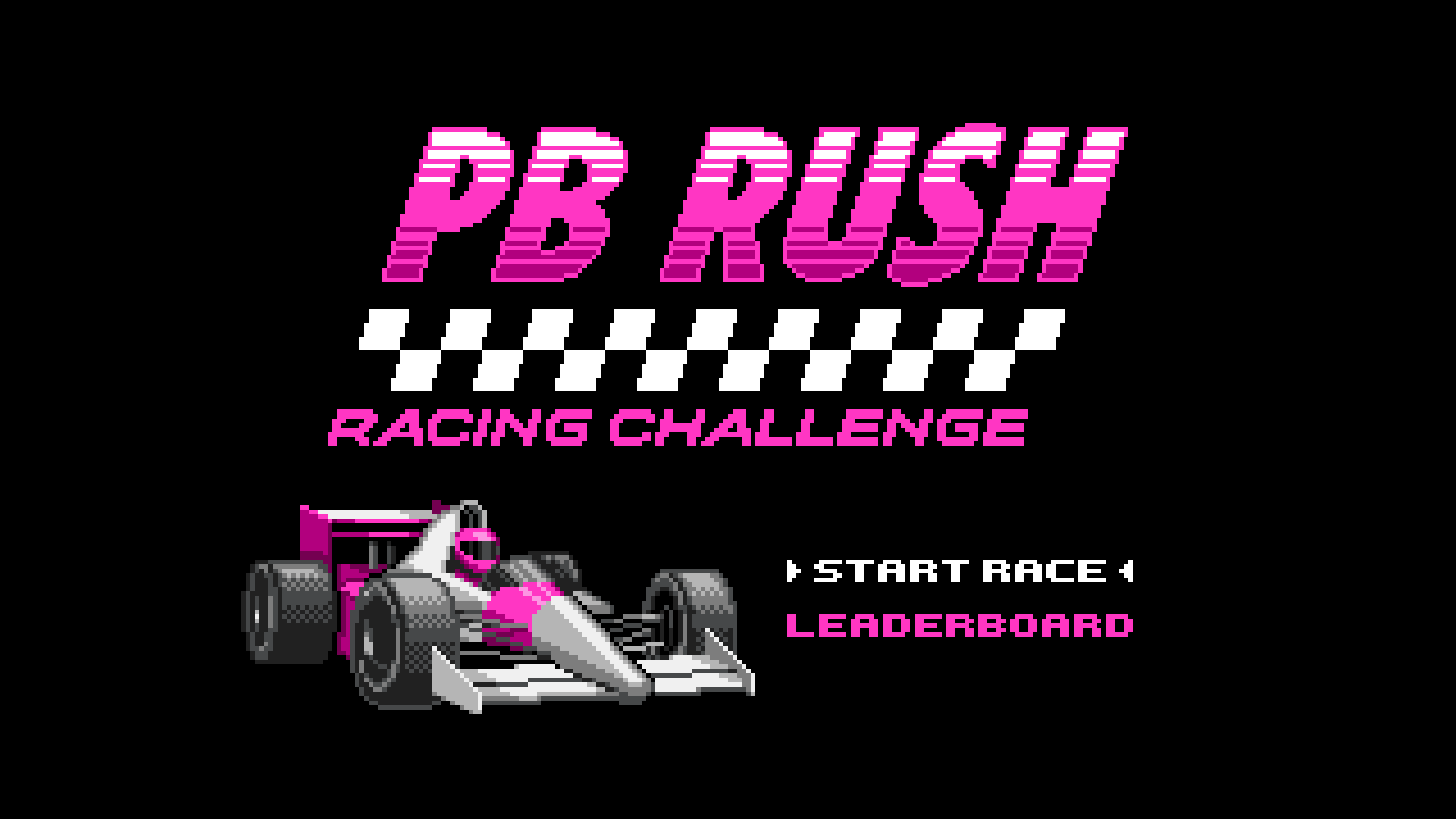 Pixel art arcade title screen for PB Rush, featuring 8-bit typography and Formula One racing car