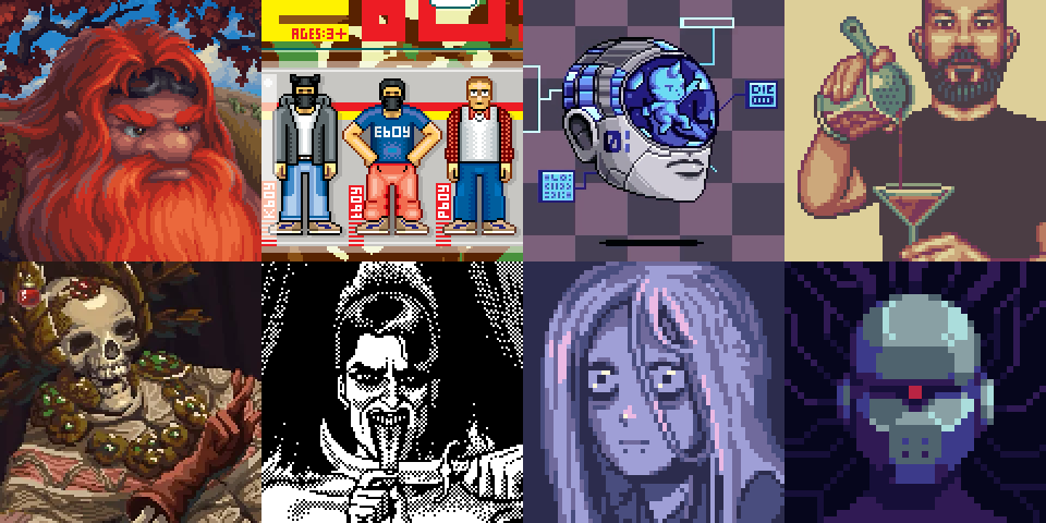 Pixel art collage of eight influential pixel artists represented by stylized portraits