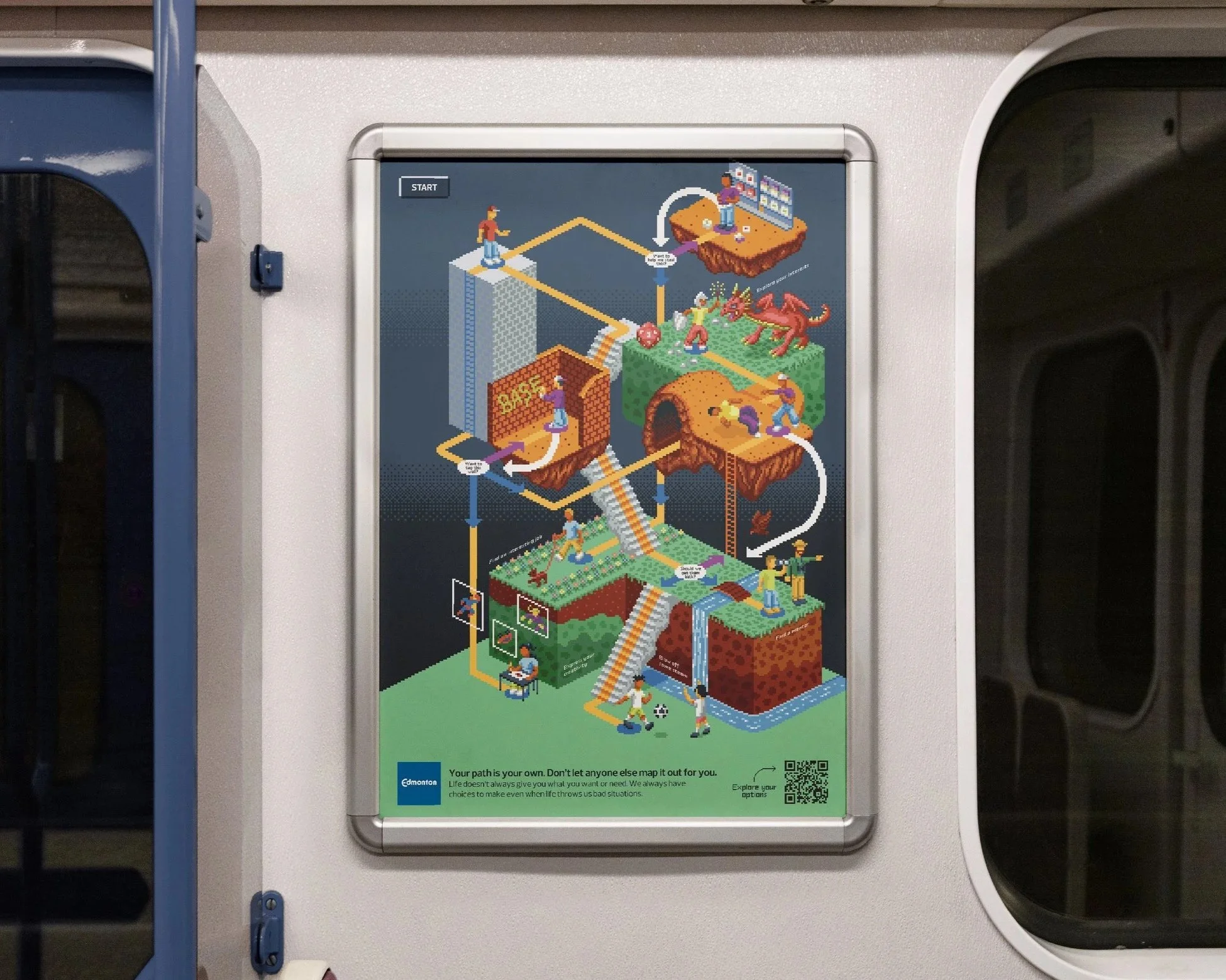 Train interior poster: framed isometric pixel art maze on a train wall