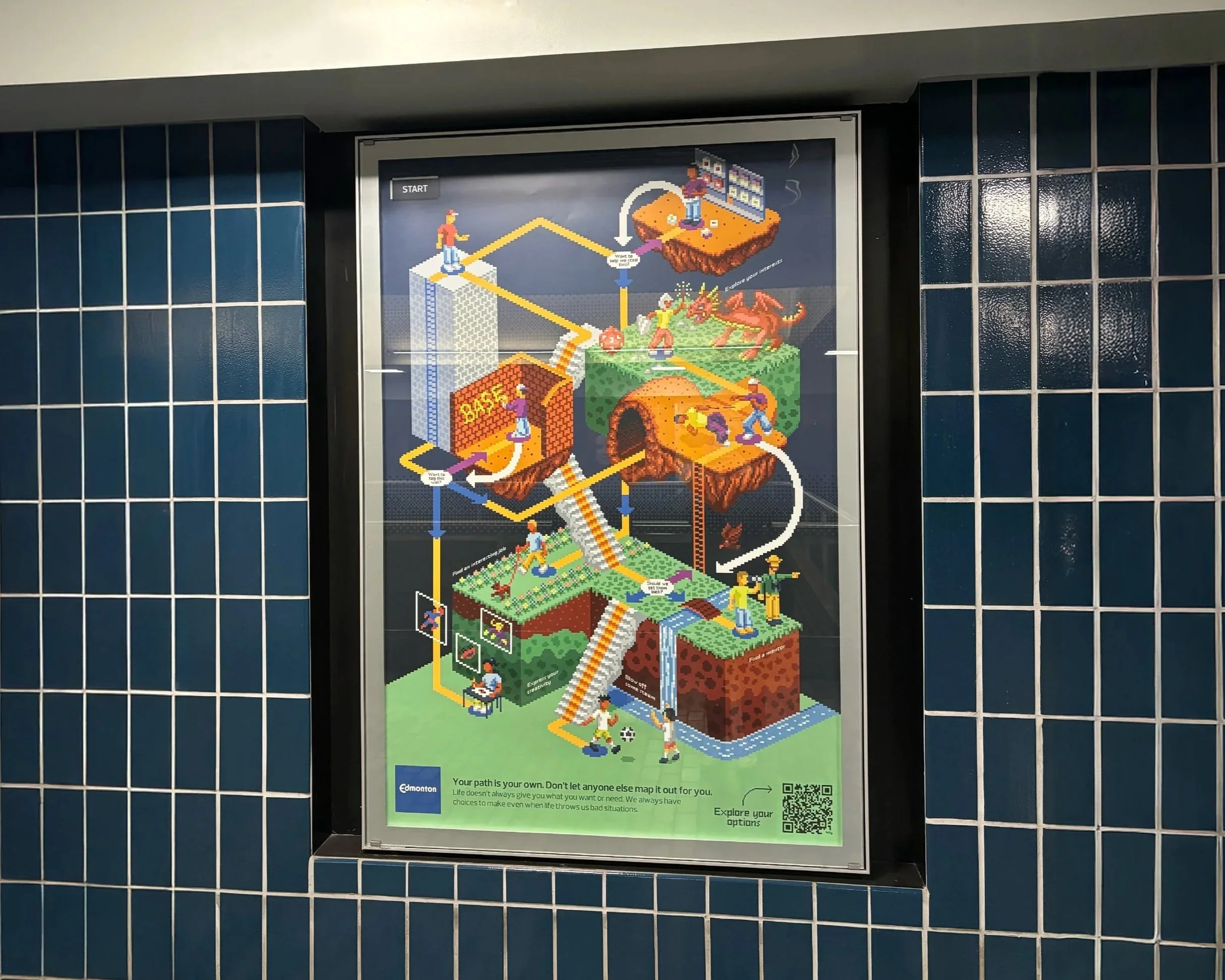 Subway station wall poster: framed isometric pixel art maze on blue tile wall