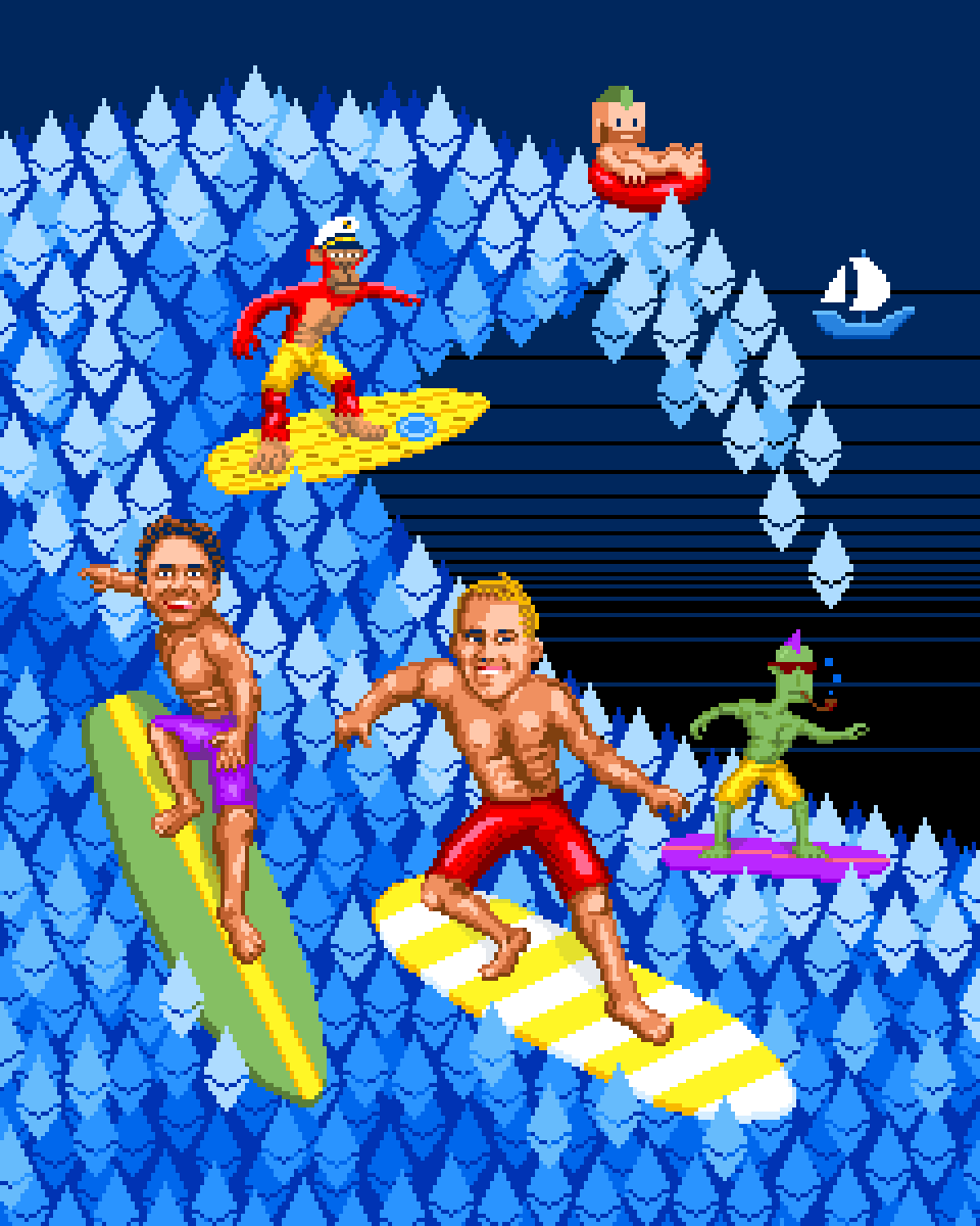 Pixel art 8-bit illustration of the founders of OpenSea, surfing a wave made out of Ethereum logos, for Fortune magazine by illustrator Jude Buffum