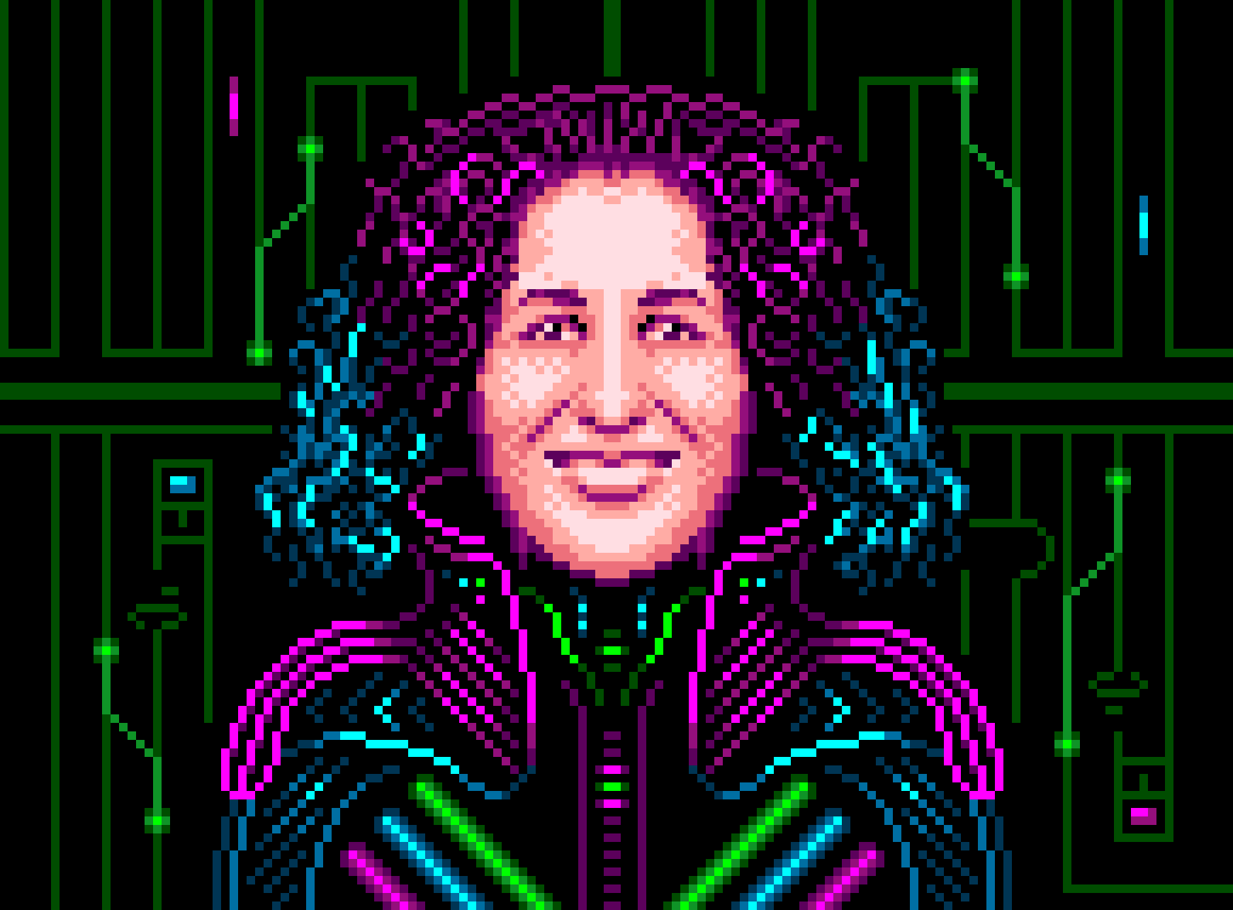 Pixel art 8-bit portrait of cybersecurity expert Josephine Wolff for Scientific American by illustrator Jude Buffum