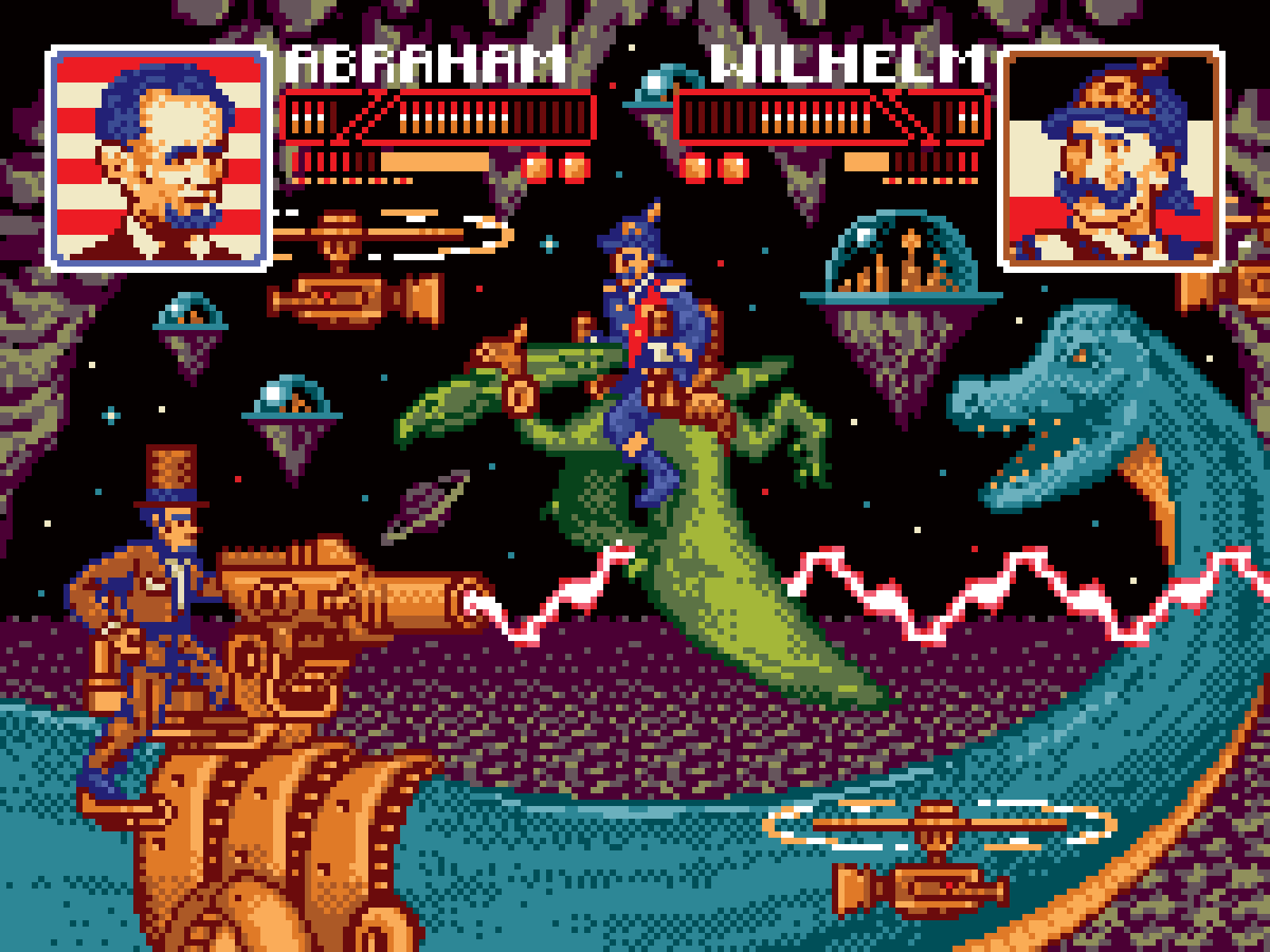 Pixel art illustration of Abraham Lincoln and Wilhelm II battling each other atop dinosaurs equipped with weapons by Jude Buffum.