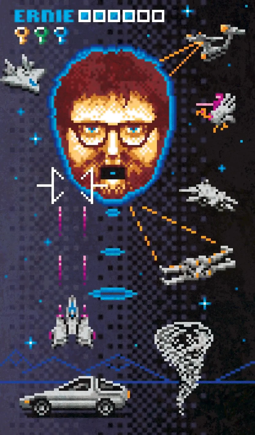Pixel art 8-bit portrait of Ernest Cline by illustrator Jude Buffum