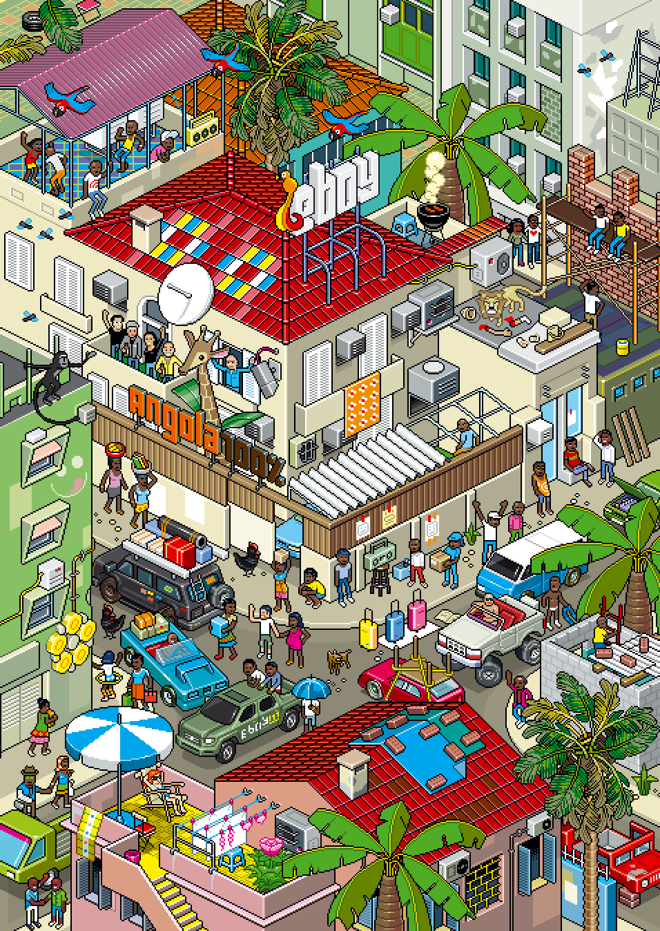 Large isometric pixel art cityscape by eBoy showing a dense urban neighborhood with rooftops, palm trees, street scenes, and dozens of characters, illustrating eBoy’s signature modular Pixorama style.