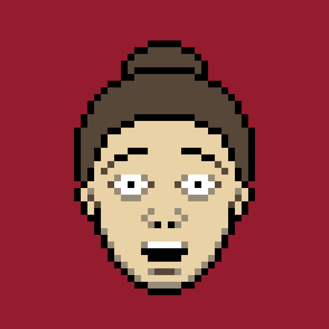 Animated pixel art portrait of Jen from Hot Streets, face only, on a red background.