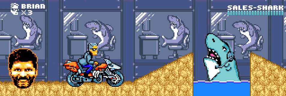 8-bit pixel art animation of Brian jumping a shark on motorcycle for HubSpot.