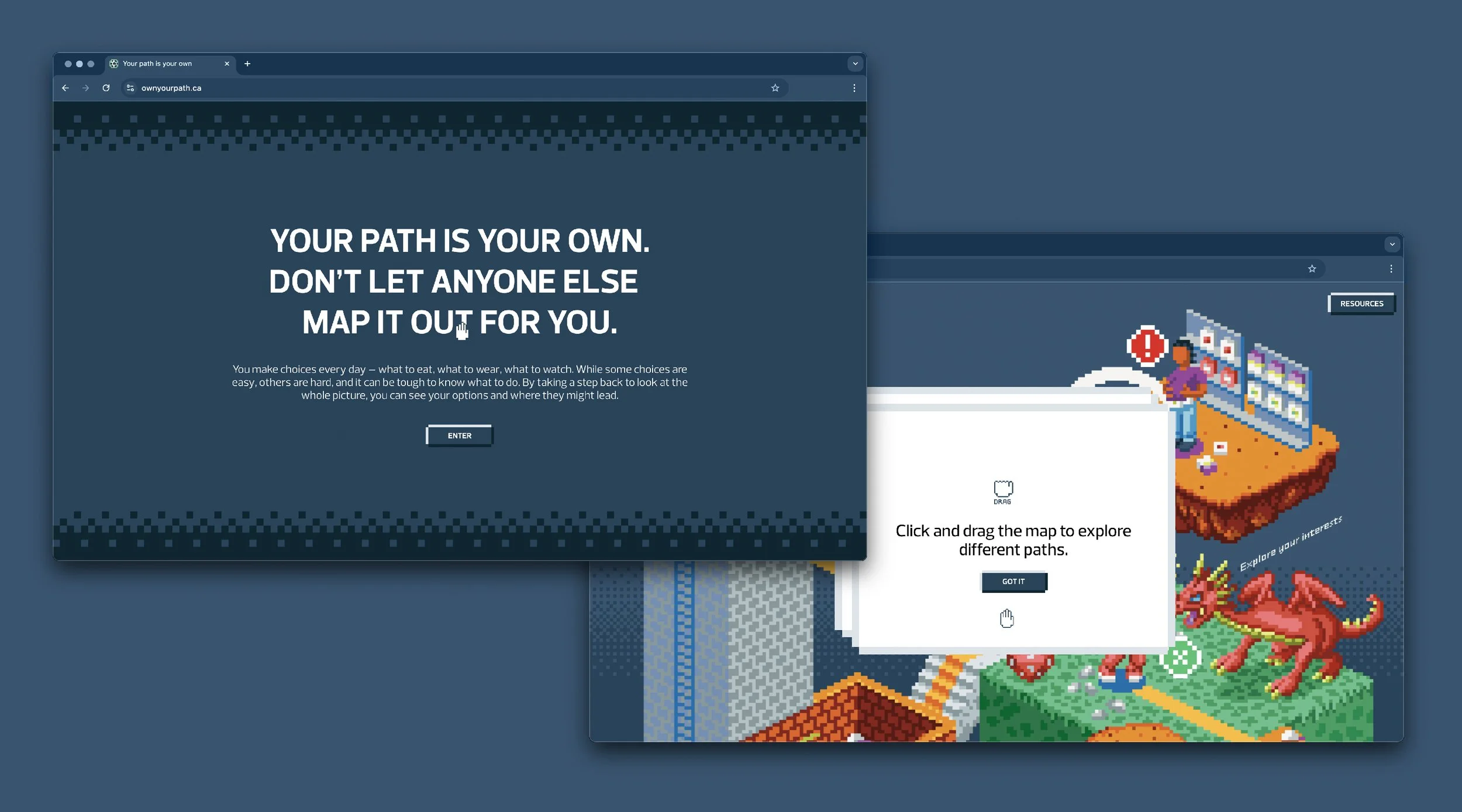Microsite hero screen: dark blue welcome page with large headline and enter button, pixel border motif