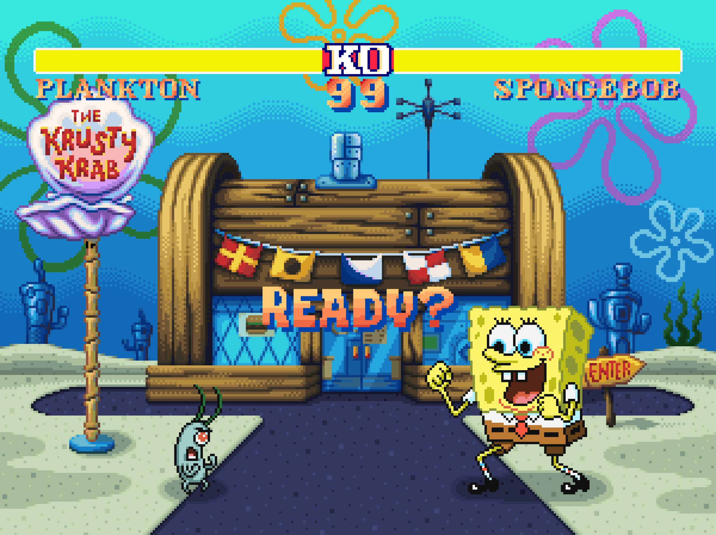 16-bit pixel art of Plankton vs. SpongeBob in a Street Fighter-style fighting game matchup, by illustrator Jude Buffum for Paramount Pictures