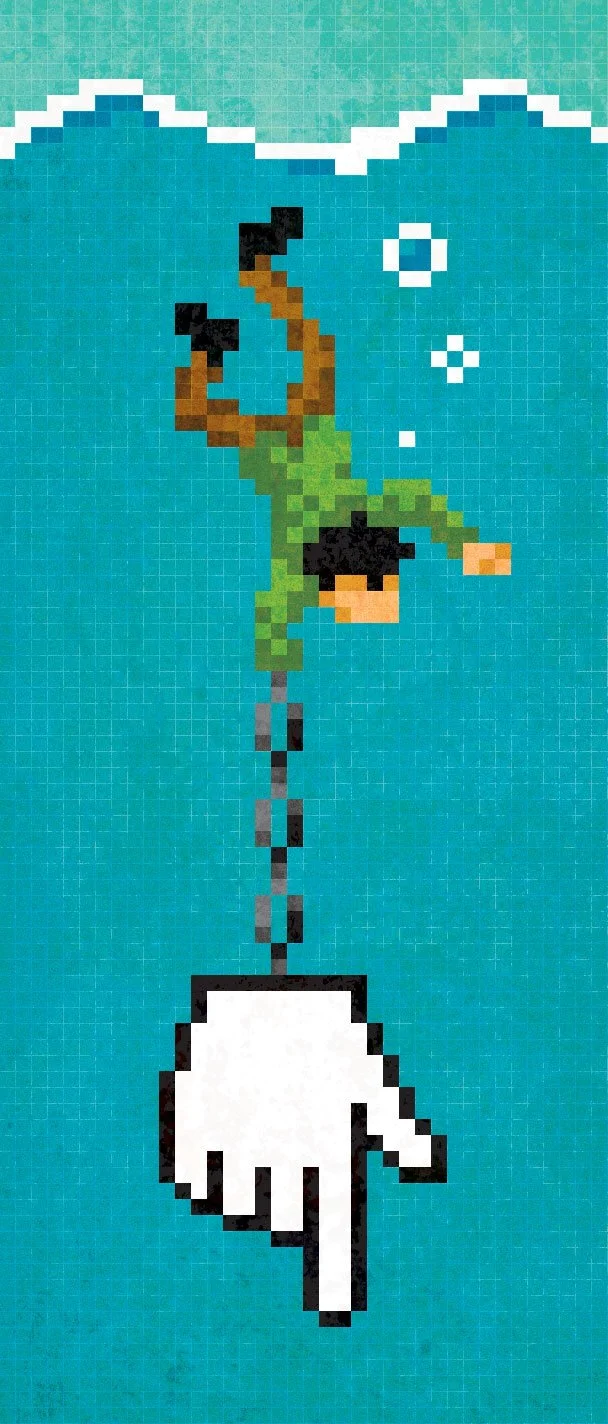 Pixel art illustration of a person weighed down by a giant computer cursor hand by illustrator Jude Buffum