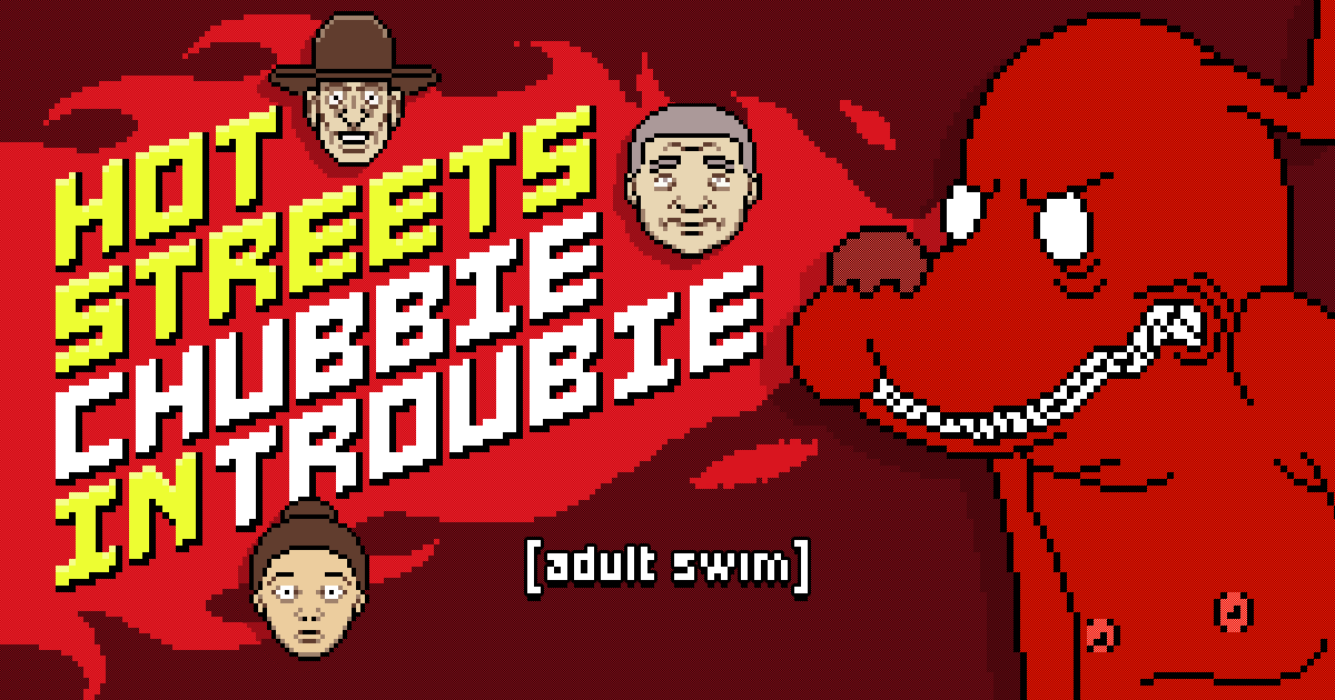 Branded browser game design for Adult Swim's "Hot Streets," featuring character sprites and background art in a retro pixel style by Jude Buffum.