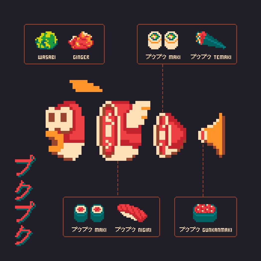Pixel art illustration of an 8-bit sushi digram, featuring a Cheep Cheep from Super Mario Bros., by illustrator Jude Buffum