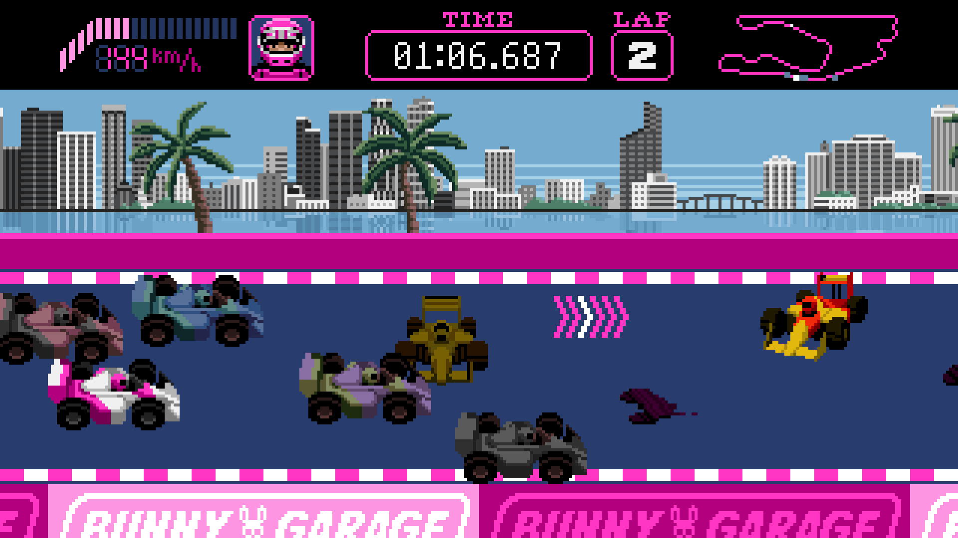 Screen shot from gameplay of 8-bit arcade game PB Rush, featuring pixel art Formula One racing cars crashing into each other with the Miami skyline in the background