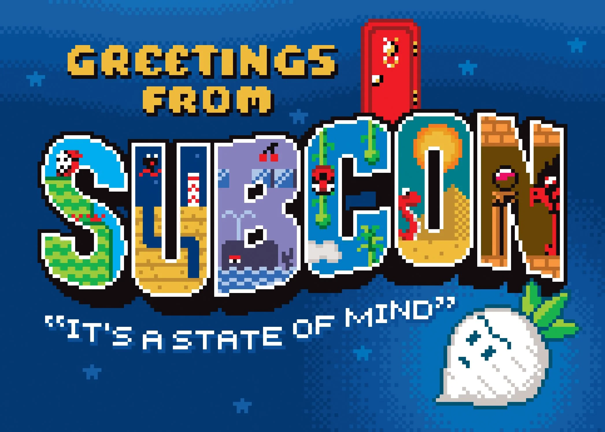 8-bit typography and pixel art by illustrator Jude Buffum that says Greetings from Subcon, illustrating a postcard from the fictitious location in the video game Super Mario Bros. 2