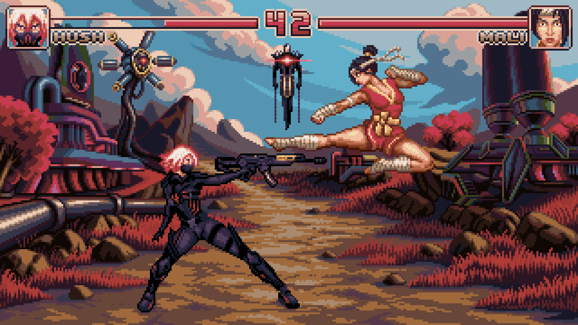 Pixel art loading screen for Fortnite Override season featuring Mali executing a flying kick against Hush in a 16-bit fighting game style, with Geno looming in the background.