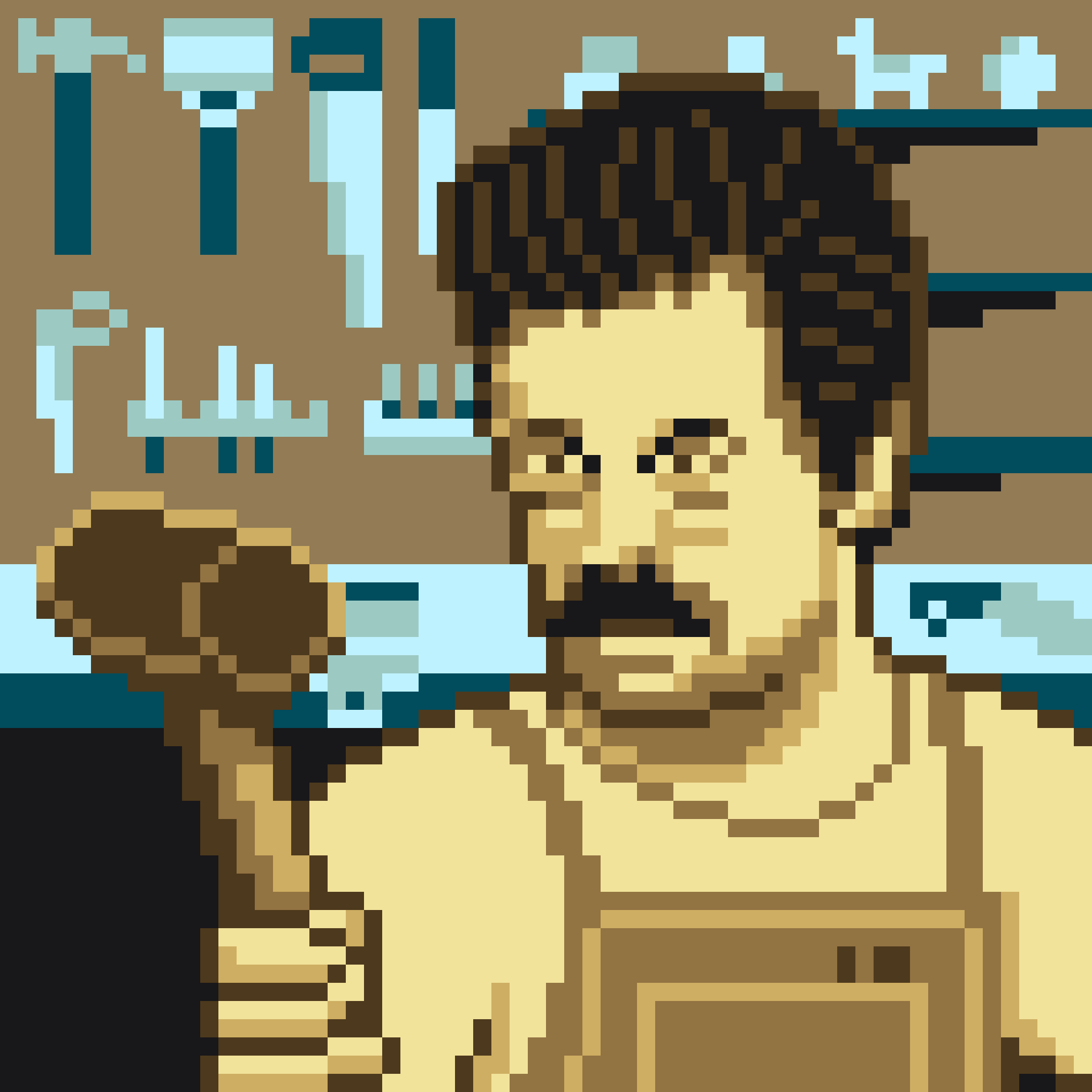 Pixel art 8-bit portrait of Ron Swanson by illustrator Jude Buffum