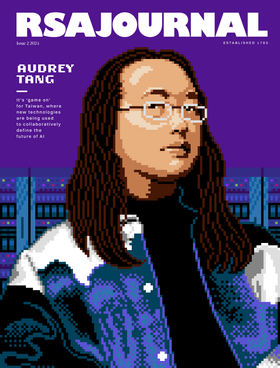 Animated pixel art magazine cover for RSA Journal, featuring a digital portrait of Audrey Tang that evolves on the grid, by Jude Buffum.