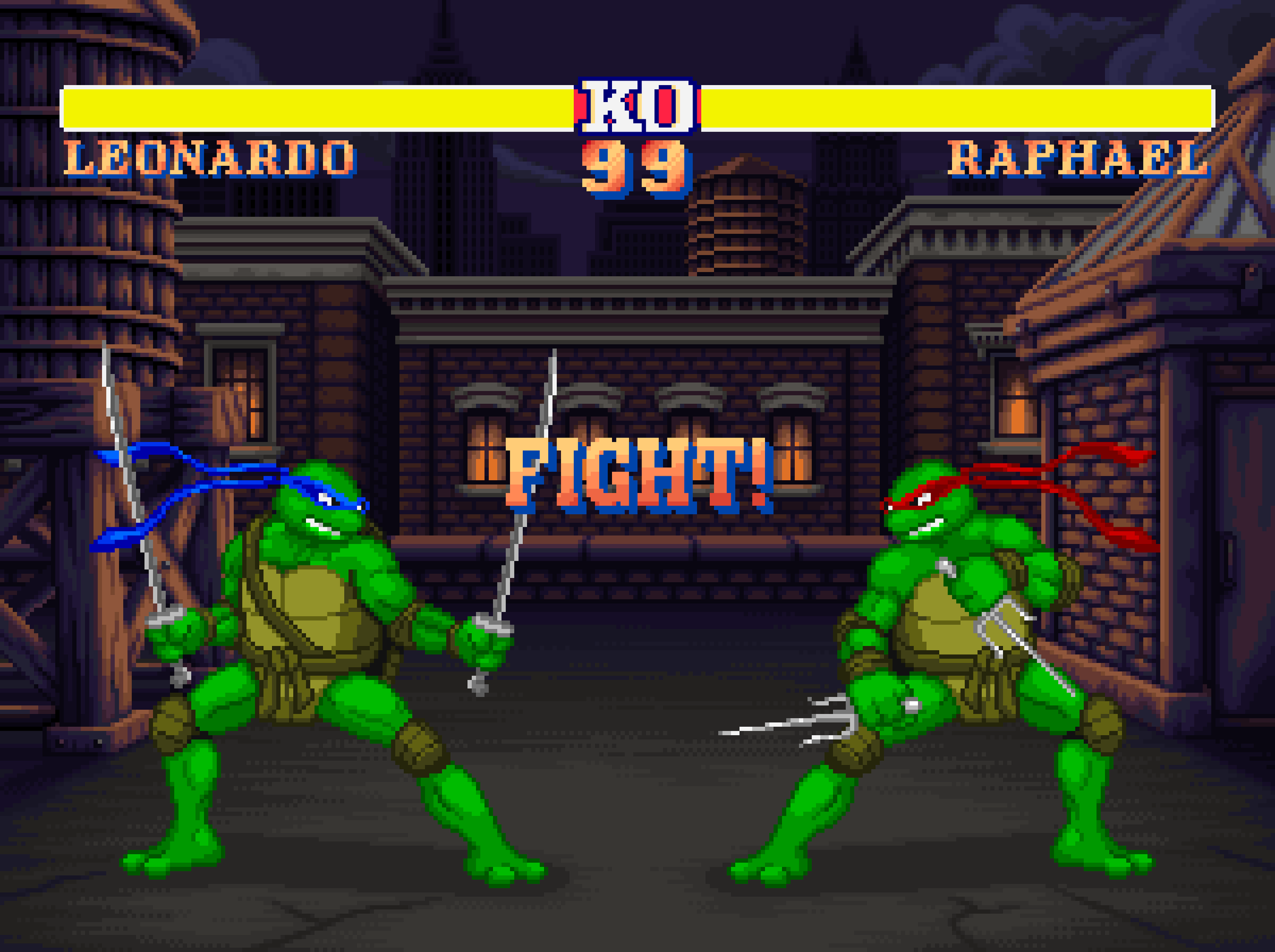 16-bit pixel art of Leonardo vs. Raphael in a Street Fighter-style fighting game matchup, by illustrator Jude Buffum for Paramount Pictures