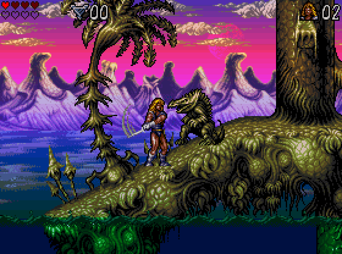 Pixel art gameplay screenshot from Lionheart (1993) by Henk Nieborg, showing detailed fantasy environments, organic textures, and early high-end pixel art for home computers.