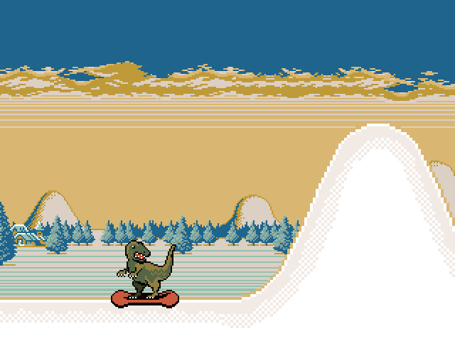 Pixel art 8-bit animation of a snowboarding dinosaur by illustrator Jude Buffum