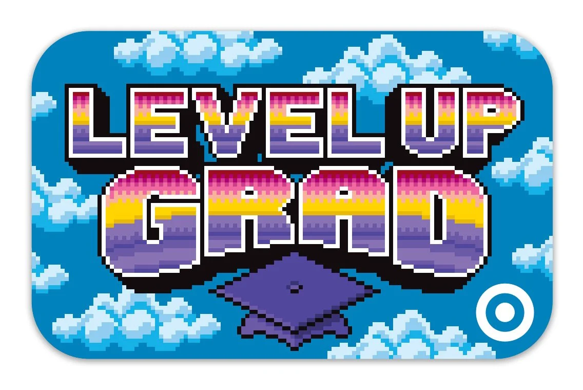 Target gift card design featuring a pixel art "Level Up" message in clouds for a graduation theme, using retro video game typography by Jude Buffum.