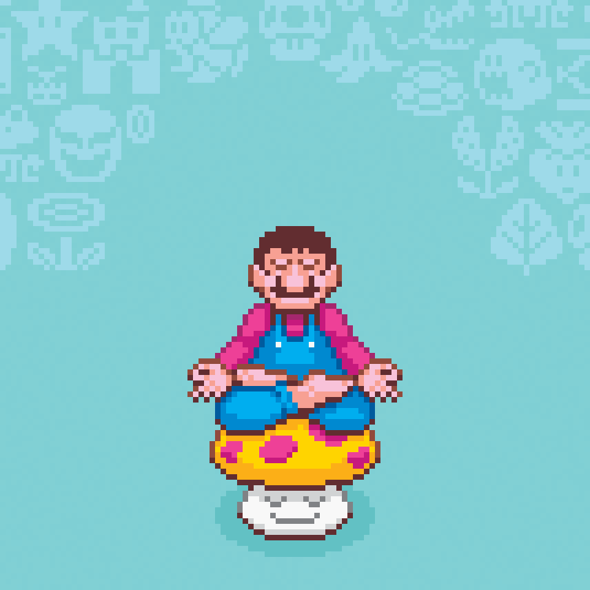 Pixel art 8-bit animation of Super Mario meditating on a mushroom by illustrator Jude Buffum