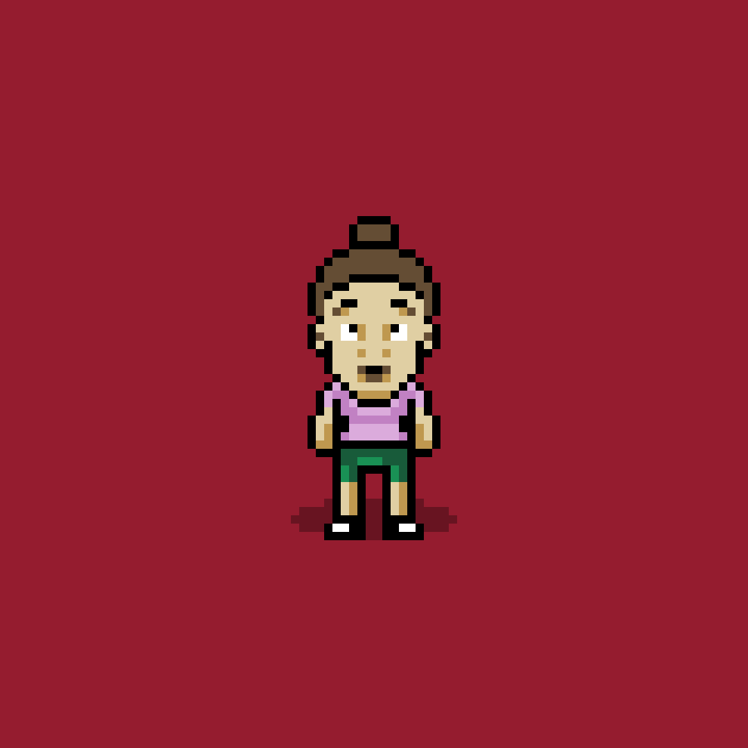 Animated pixel art walk cycle of Jen from Hot Streets, shown front, back, left, and right, on a red background.