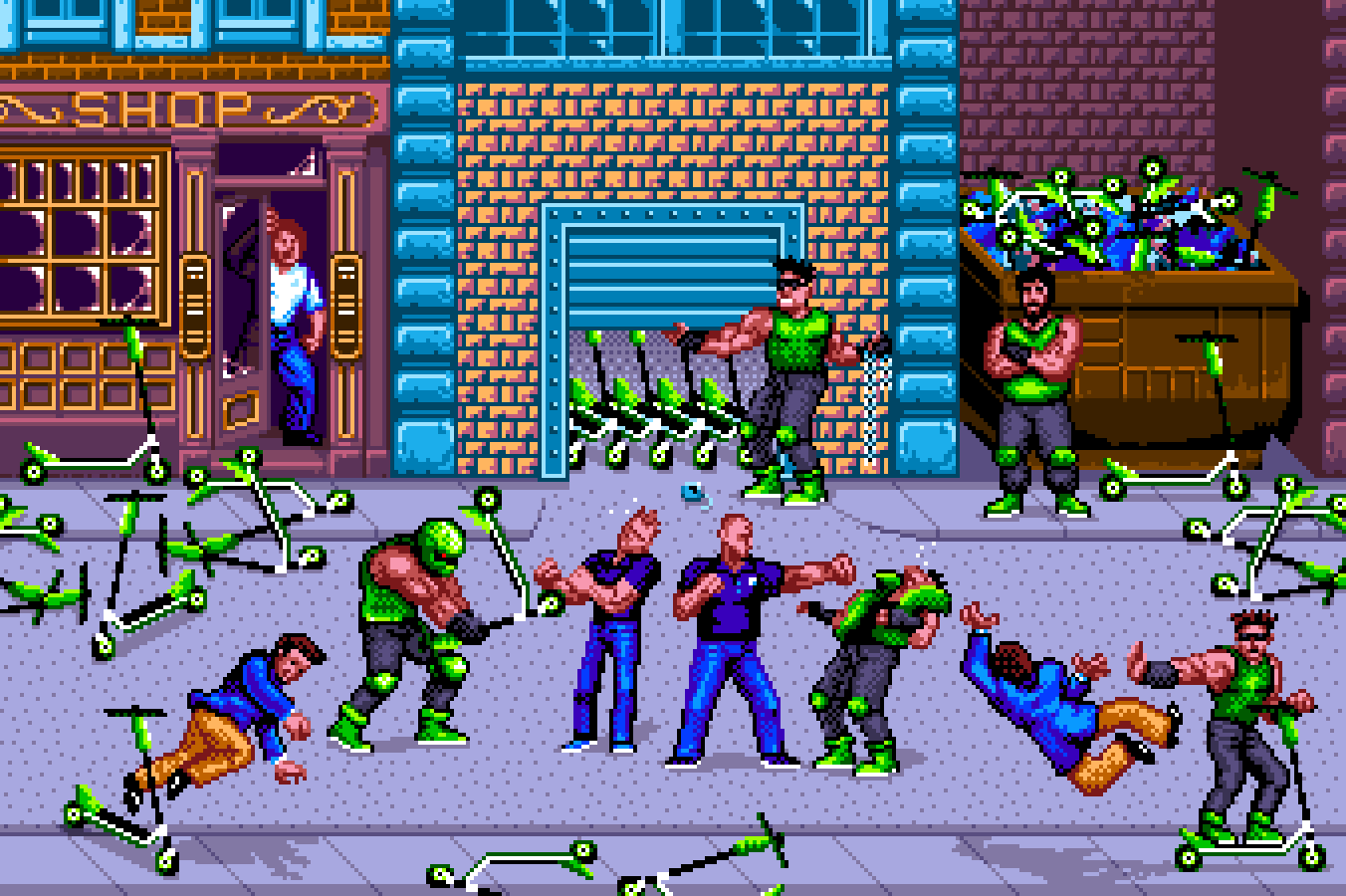 Pixel art illustration of a classic arcade beat 'em up scenario featuring two Repo Men fighting off a harder of scooter thieves