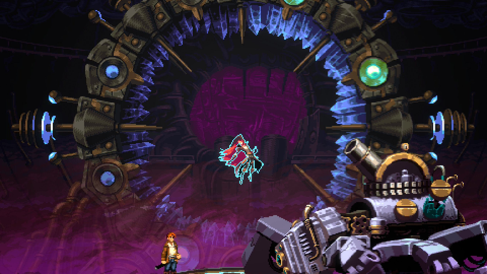 Pixel art gameplay scene from Gestalt: Steam & Cinder showing a large mechanical boss arena with layered industrial architecture and foreground machinery