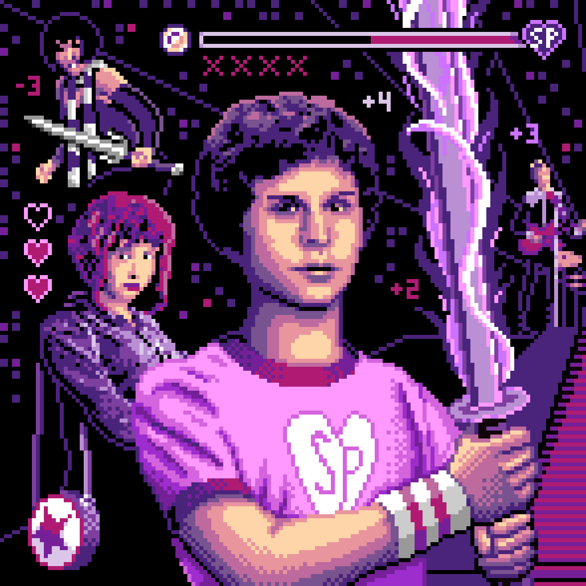 Pixel art 8-bit portrait of Michael Cera as Scott Pilgrim by illustrator Jude Buffum
