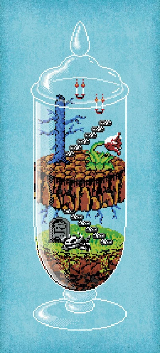 Pixel art illustration of Castlevania reimagined as an 8-bit terrarium by illustrator Jude Buffum