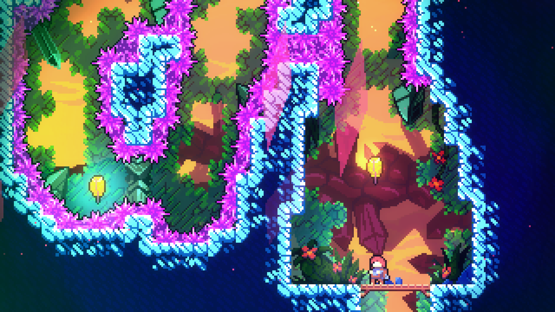 Pixel art gameplay screenshot from Celeste, showing a winding mountain path with icy walls, glowing lanterns, and a small character navigating a platforming challenge.