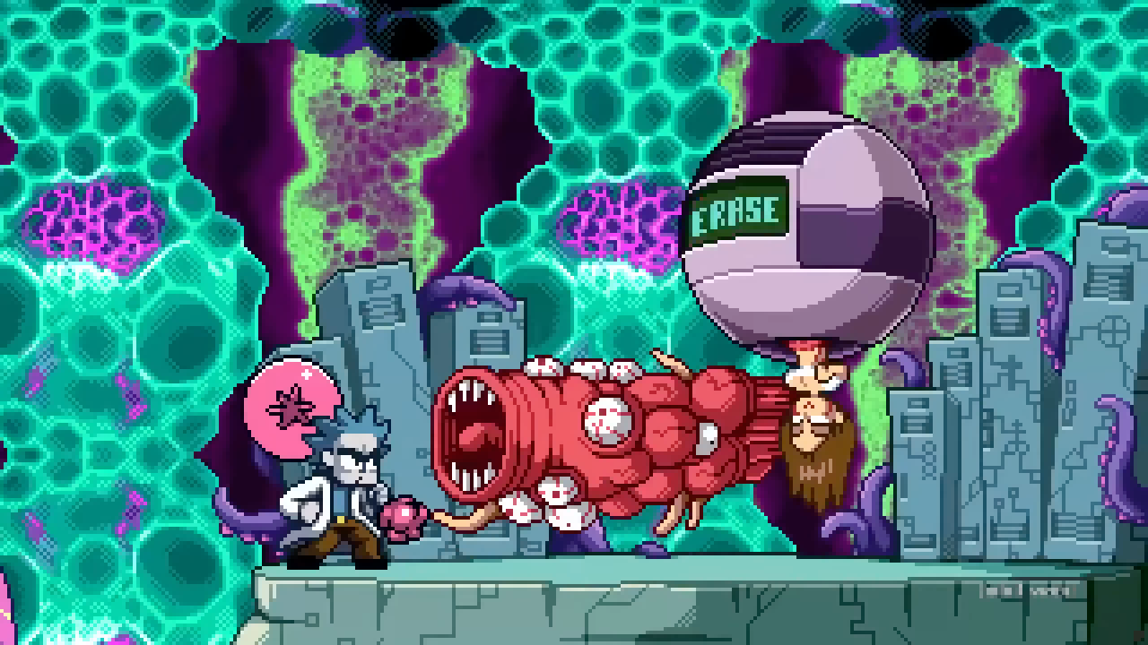 Pixel art animation frame inspired by Rick and Morty, showing Rick battling a grotesque monster in a surreal sci-fi environment with vivid neon colors.