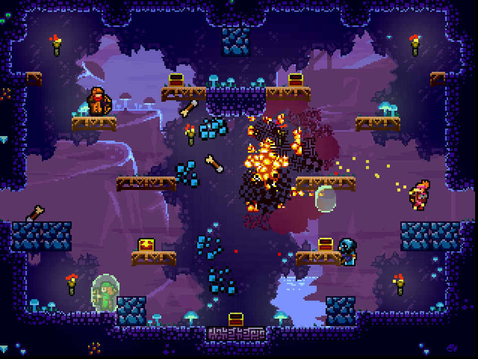 Pixel art gameplay screenshot from TowerFall showing multiple characters battling in a symmetrical arena with explosions, projectiles, and dynamic combat.