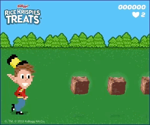 Pixel art 8-bit animation of a Rice Krispies mascots Snap, Crackle, and Pop for a Kellog's banner ad, for Snap Crackle Poppers snack treats, by illustrator Jude Buffum
