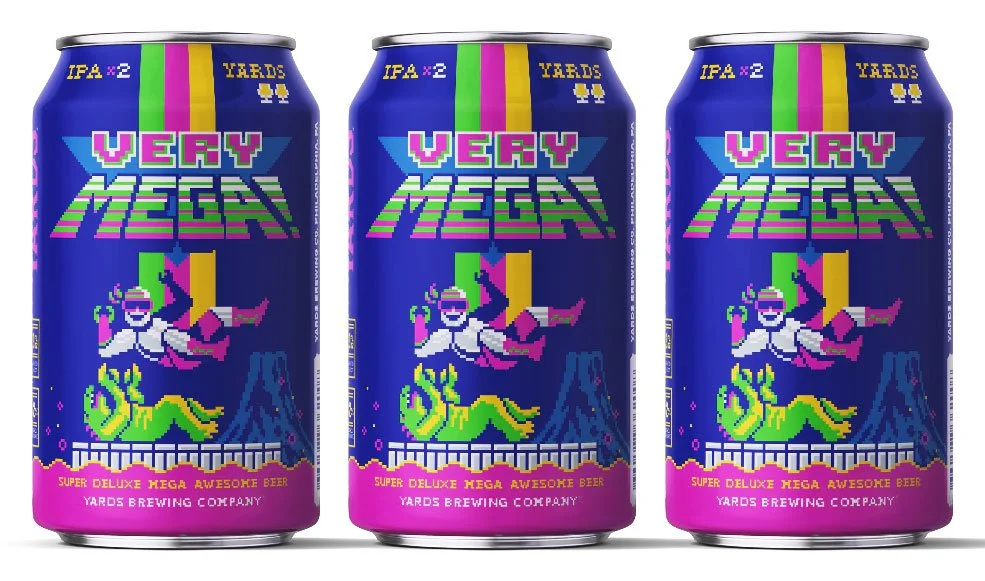 Pixel art beer can packaging illustration by Jude Buffum for Yards Brewing’s Very Mega! beer, combining pixel typography, character art, and branding elements.