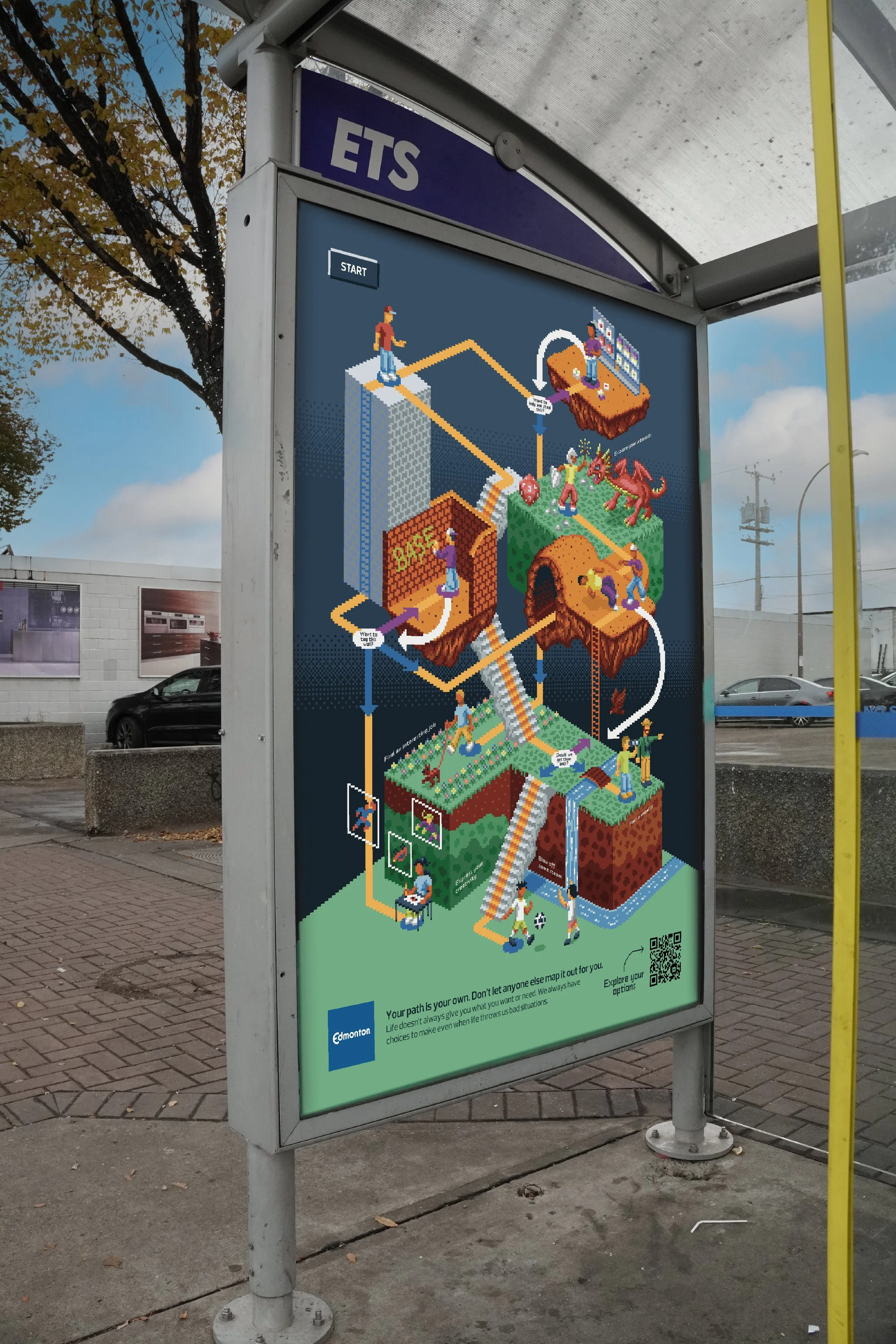 Bus shelter poster: isometric pixel art maze with teens on floating platforms and paths, photographed at an ETS bus stop