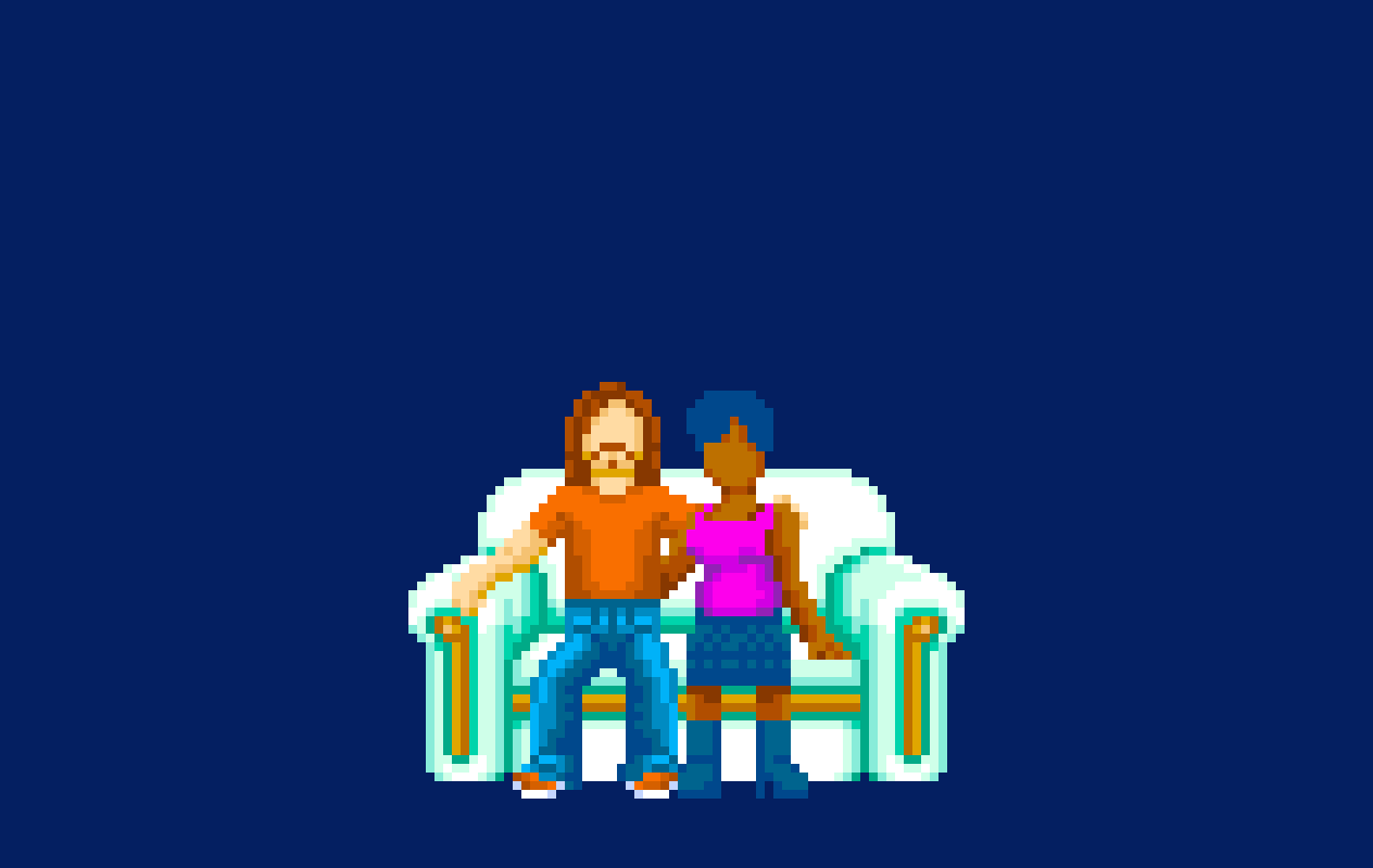 Pixel art 8-bit animation of a couple on a couch with plants growing behind them by illustrator Jude Buffum