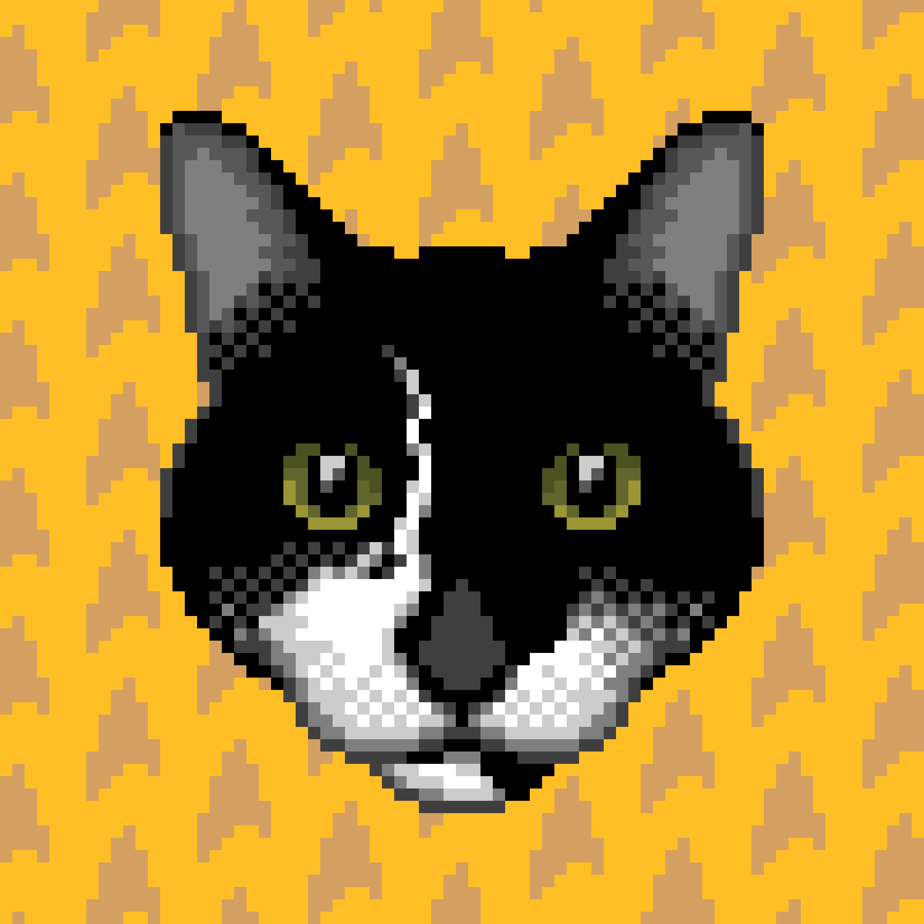 Pixel art portrait of a black and white tuxedo domestic shorthair cat with green eyes, white chest, and white muzzle markings on a yellow patterned background